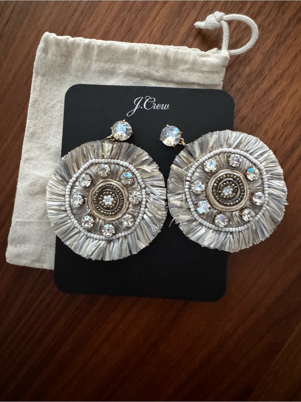 J. Crew Silver Fringe Medallion Drop Earrings with Crystal Accents